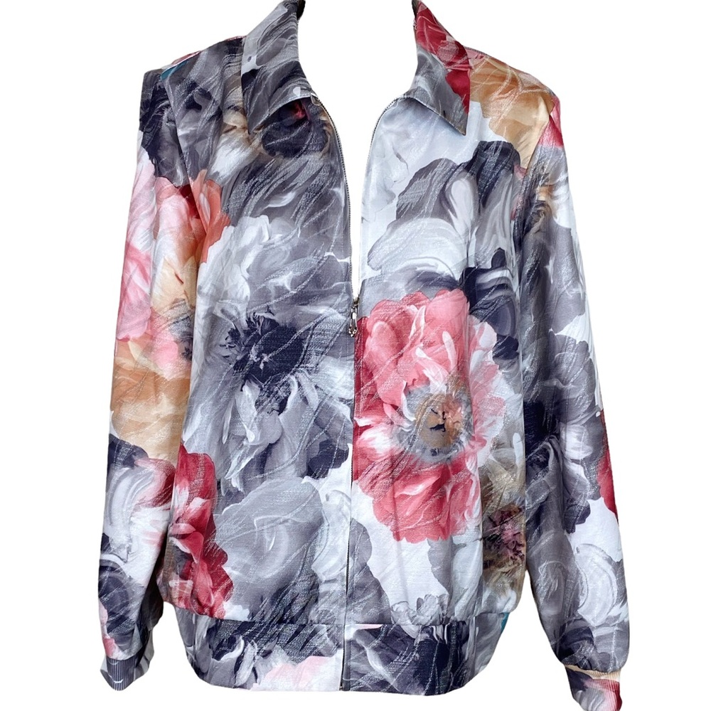 Alfred Dunner Watercolor Floral Lightweight Full Zip Bomber Jacket Size 12